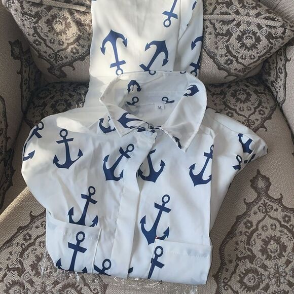 Nautical Button Down  Blouse Top Shirt Ocean Vacation Beach NWT - Picture 5 of 8